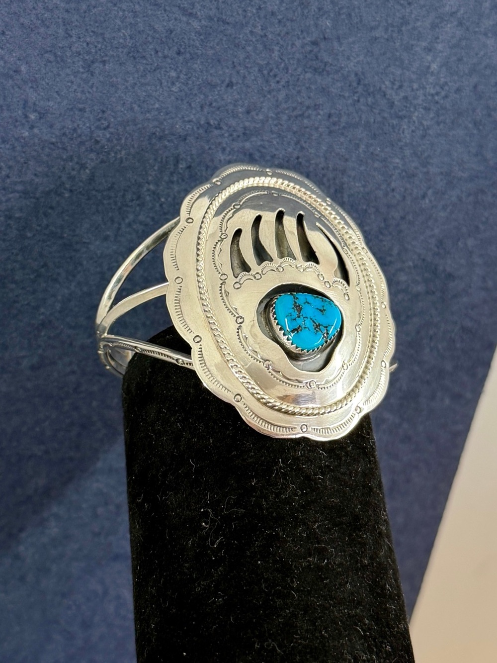 RUNNING BEAR Sterling Silver Turquoise Bear Paw Cuff Bracelet; 42g; 7.75-8”